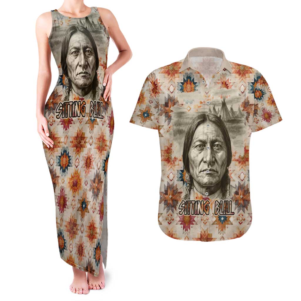Sitting Bull Portrait Couples Matching Tank Maxi Dress and Hawaiian Shirt Native American Tipi with Feathers and Spears Indigenous Pride - Wonder Print Shop