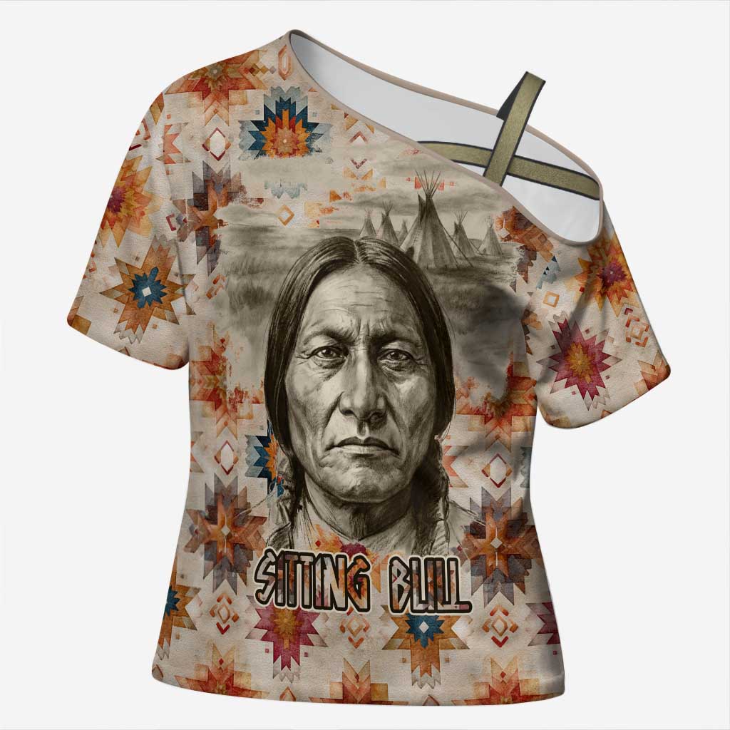 Sitting Bull Portrait Cross Shoulder Shirt Native American Tipi with Feathers and Spears Indigenous Pride - Wonder Print Shop