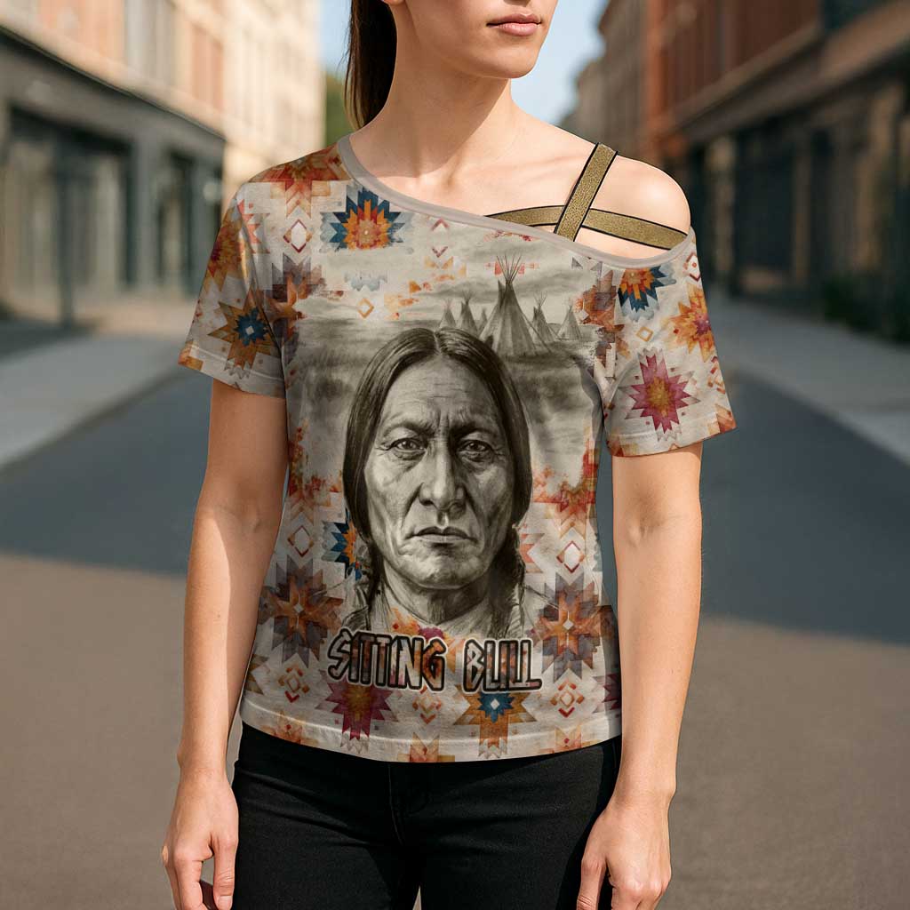 Sitting Bull Portrait Cross Shoulder Shirt Native American Tipi with Feathers and Spears Indigenous Pride - Wonder Print Shop