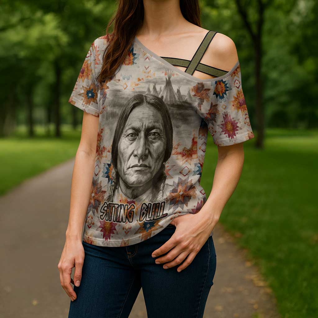 Sitting Bull Portrait Cross Shoulder Shirt Native American Tipi with Feathers and Spears Indigenous Pride - Wonder Print Shop