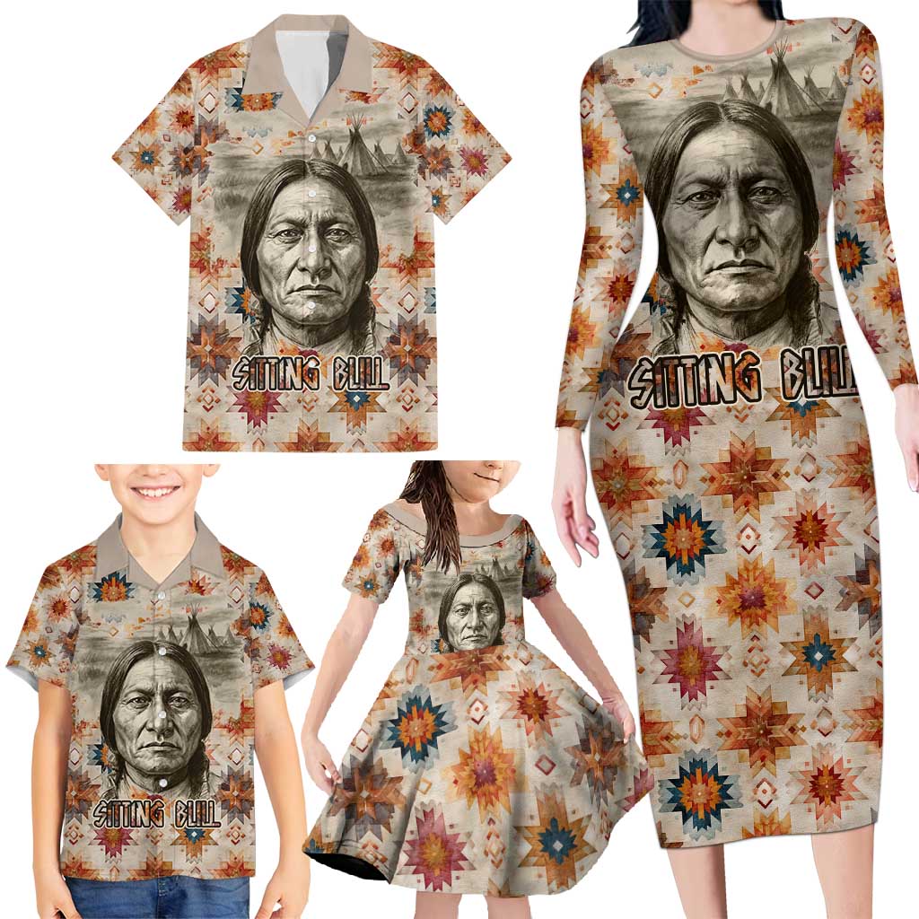 Sitting Bull Portrait Family Matching Long Sleeve Bodycon Dress and Hawaiian Shirt Native American Tipi with Feathers and Spears Indigenous Pride - Wonder Print Shop
