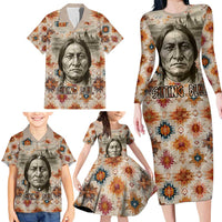 Sitting Bull Portrait Family Matching Long Sleeve Bodycon Dress and Hawaiian Shirt Native American Tipi with Feathers and Spears Indigenous Pride - Wonder Print Shop