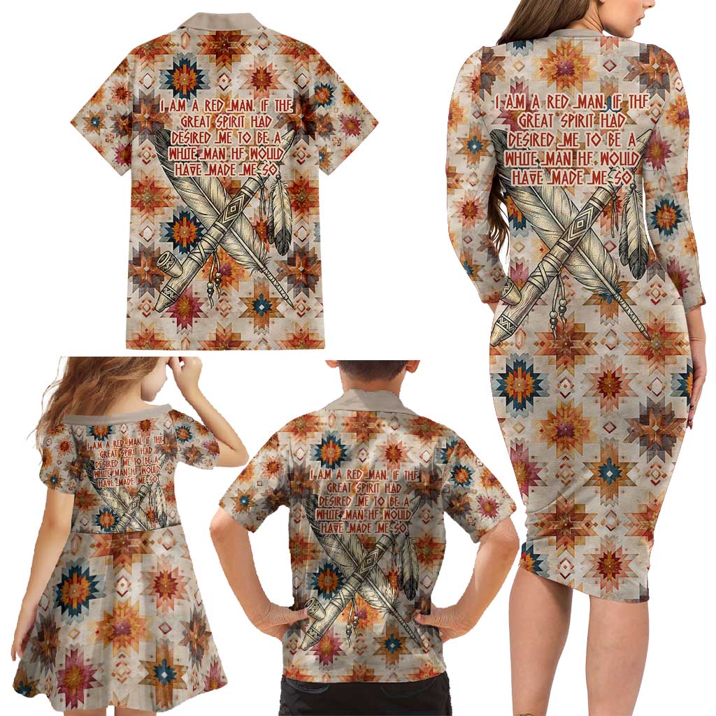 Sitting Bull Portrait Family Matching Long Sleeve Bodycon Dress and Hawaiian Shirt Native American Tipi with Feathers and Spears Indigenous Pride - Wonder Print Shop