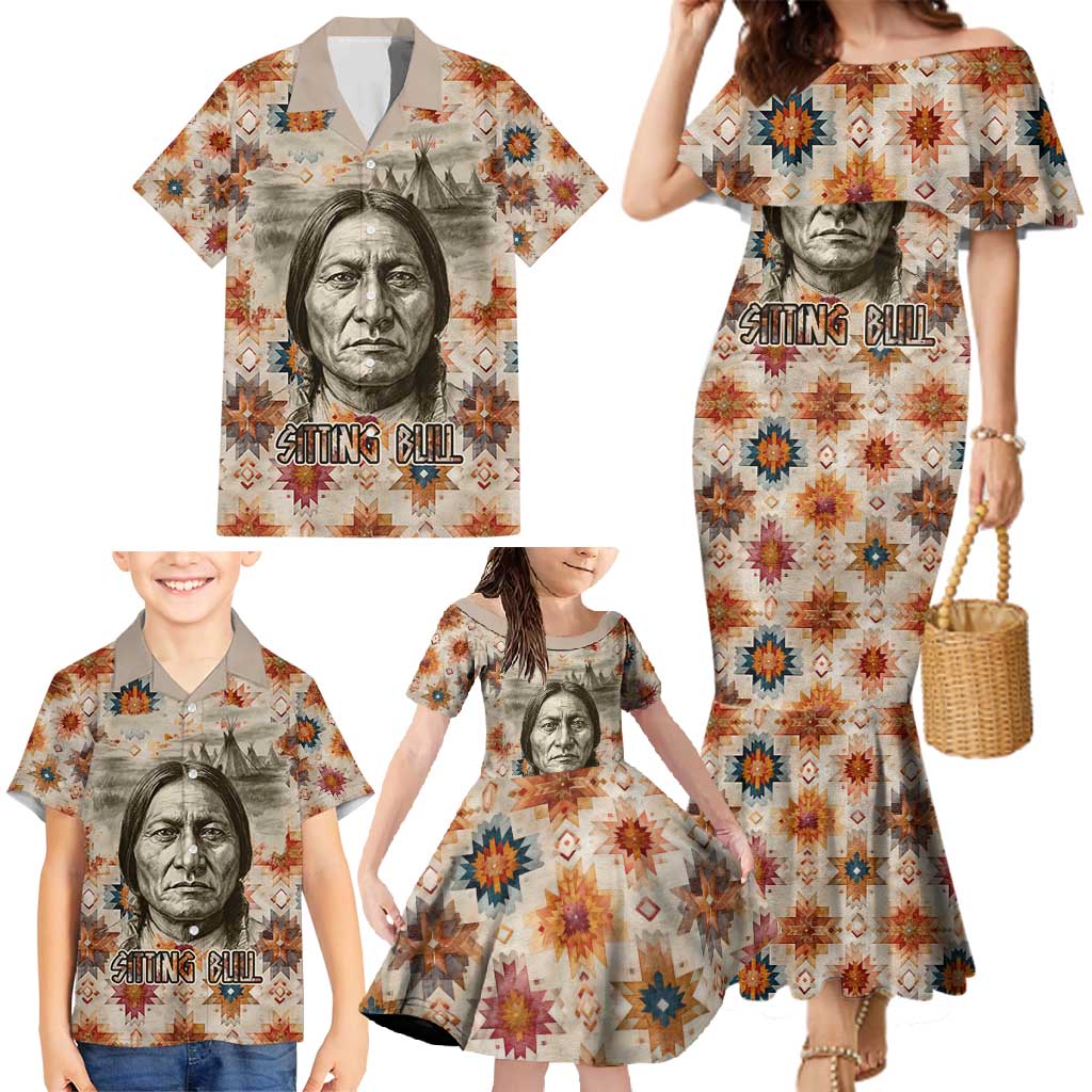 Sitting Bull Portrait Family Matching Mermaid Dress and Hawaiian Shirt Native American Tipi with Feathers and Spears Indigenous Pride - Wonder Print Shop