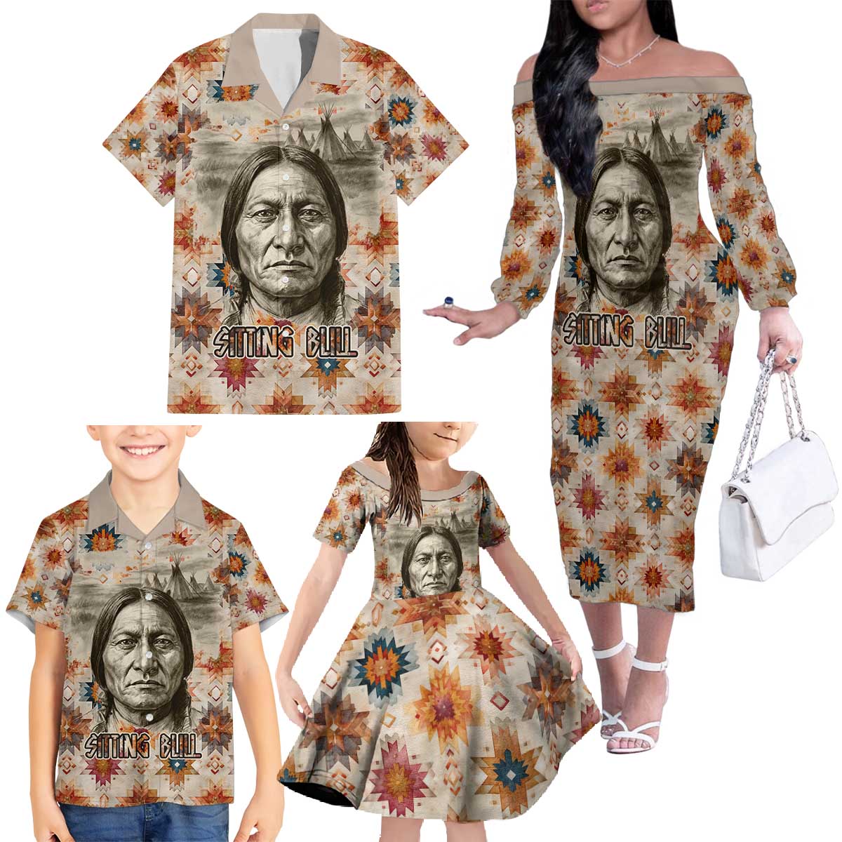 Sitting Bull Portrait Family Matching Off The Shoulder Long Sleeve Dress and Hawaiian Shirt Native American Tipi with Feathers and Spears Indigenous Pride - Wonder Print Shop