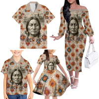 Sitting Bull Portrait Family Matching Off The Shoulder Long Sleeve Dress and Hawaiian Shirt Native American Tipi with Feathers and Spears Indigenous Pride - Wonder Print Shop