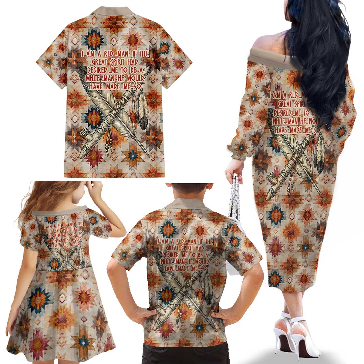 Sitting Bull Portrait Family Matching Off The Shoulder Long Sleeve Dress and Hawaiian Shirt Native American Tipi with Feathers and Spears Indigenous Pride - Wonder Print Shop