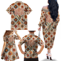 Sitting Bull Portrait Family Matching Off The Shoulder Long Sleeve Dress and Hawaiian Shirt Native American Tipi with Feathers and Spears Indigenous Pride - Wonder Print Shop