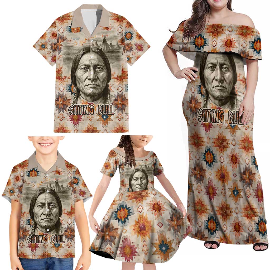 Sitting Bull Portrait Family Matching Off Shoulder Maxi Dress and Hawaiian Shirt Native American Tipi with Feathers and Spears Indigenous Pride - Wonder Print Shop