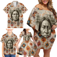 Sitting Bull Portrait Family Matching Off Shoulder Short Dress and Hawaiian Shirt Native American Tipi with Feathers and Spears Indigenous Pride - Wonder Print Shop