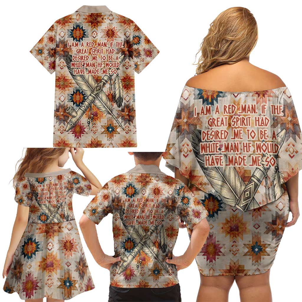 Sitting Bull Portrait Family Matching Off Shoulder Short Dress and Hawaiian Shirt Native American Tipi with Feathers and Spears Indigenous Pride - Wonder Print Shop