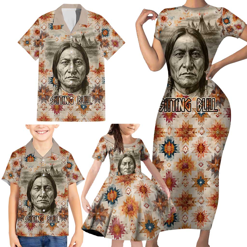 Sitting Bull Portrait Family Matching Short Sleeve Bodycon Dress and Hawaiian Shirt Native American Tipi with Feathers and Spears Indigenous Pride - Wonder Print Shop