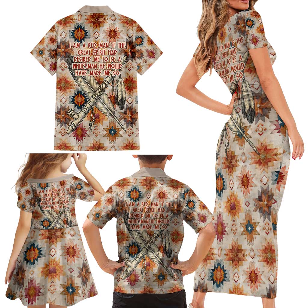 Sitting Bull Portrait Family Matching Short Sleeve Bodycon Dress and Hawaiian Shirt Native American Tipi with Feathers and Spears Indigenous Pride - Wonder Print Shop