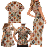 Sitting Bull Portrait Family Matching Short Sleeve Bodycon Dress and Hawaiian Shirt Native American Tipi with Feathers and Spears Indigenous Pride - Wonder Print Shop