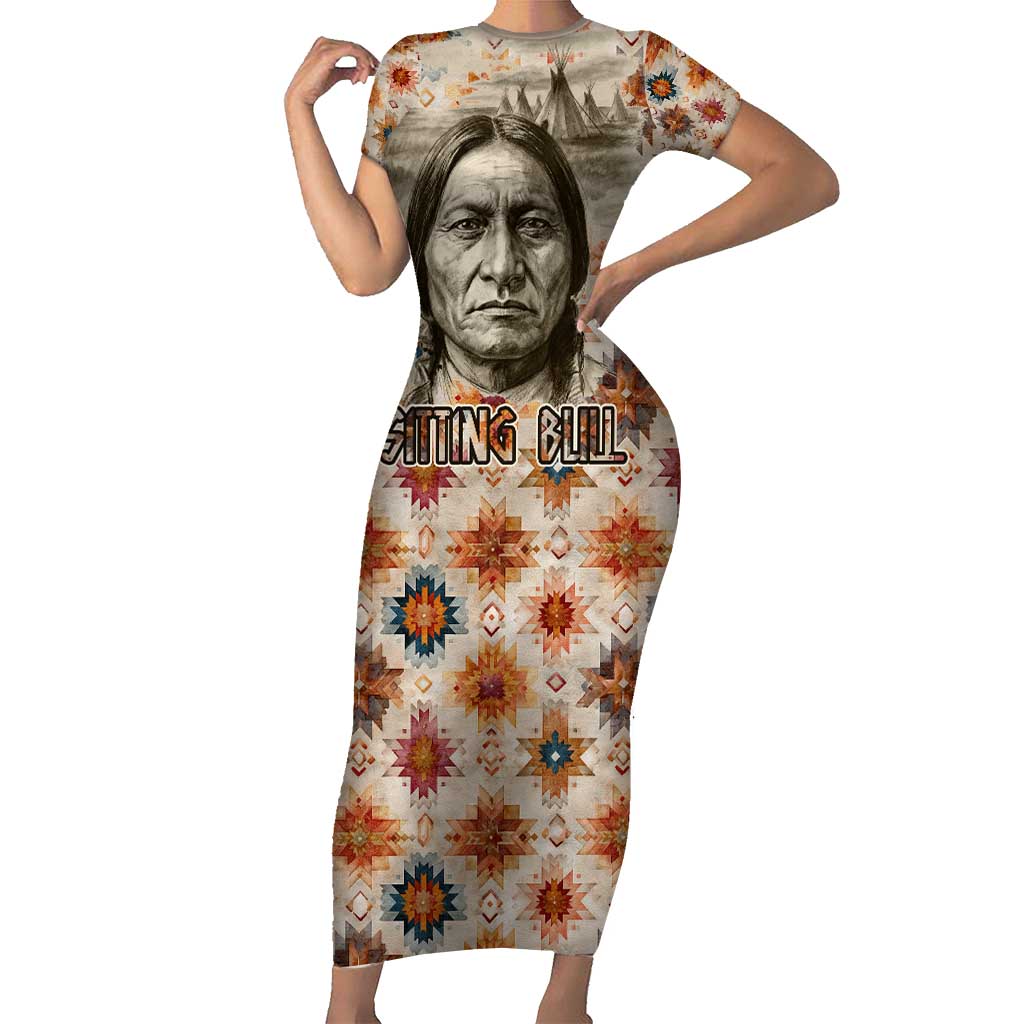 Sitting Bull Portrait Family Matching Short Sleeve Bodycon Dress and Hawaiian Shirt Native American Tipi with Feathers and Spears Indigenous Pride - Wonder Print Shop
