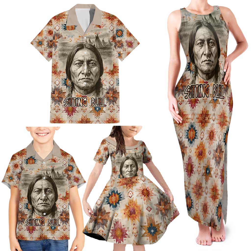 Sitting Bull Portrait Family Matching Tank Maxi Dress and Hawaiian Shirt Native American Tipi with Feathers and Spears Indigenous Pride - Wonder Print Shop