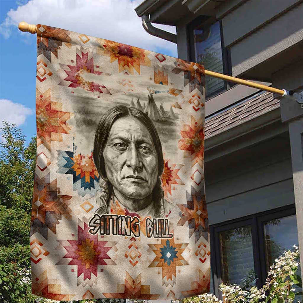 Sitting Bull Portrait Garden Flag Native American Tipi with Feathers and Spears Indigenous Pride - Wonder Print Shop