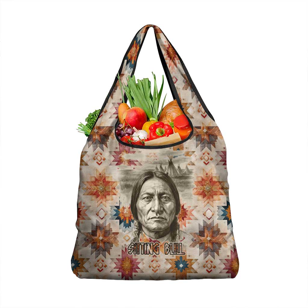 Sitting Bull Portrait Grocery Bag Native American Tipi with Feathers and Spears Indigenous Pride - Wonder Print Shop