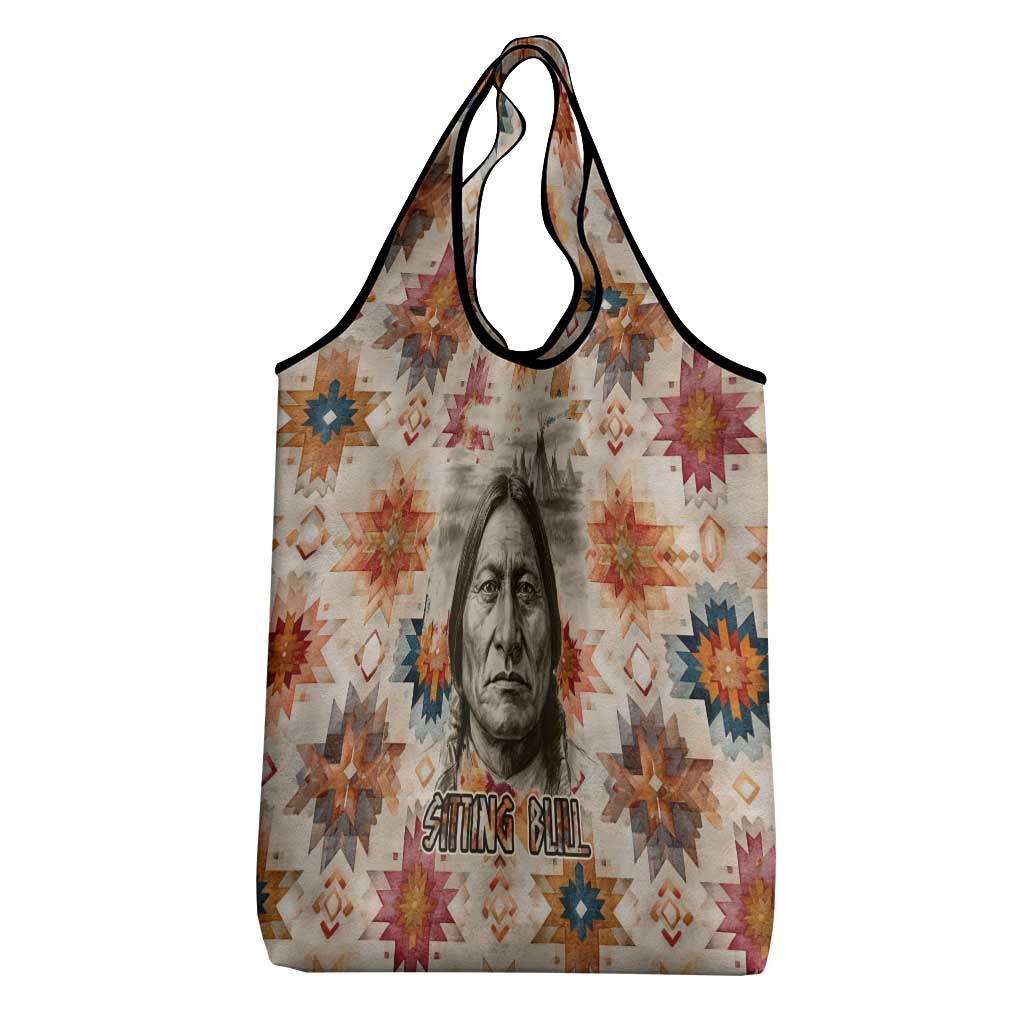 Sitting Bull Portrait Grocery Bag Native American Tipi with Feathers and Spears Indigenous Pride - Wonder Print Shop