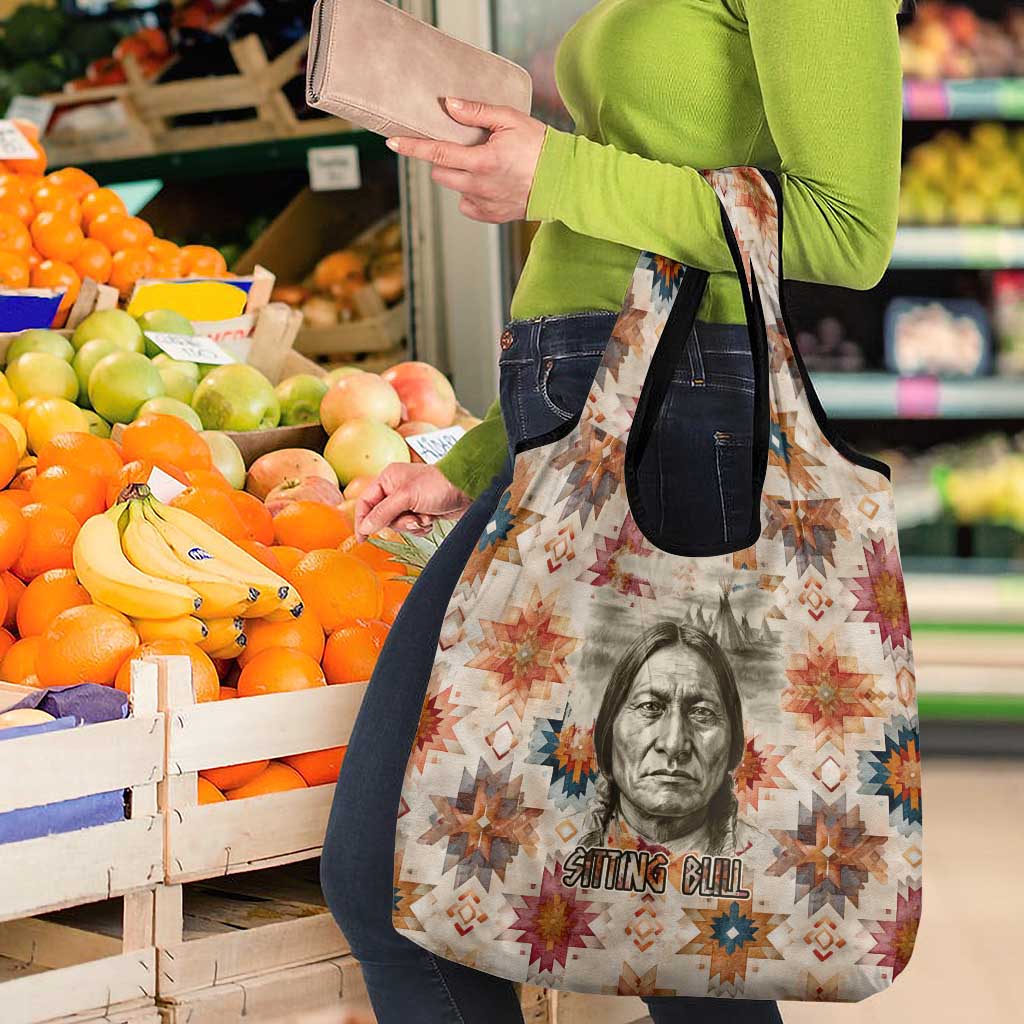 Sitting Bull Portrait Grocery Bag Native American Tipi with Feathers and Spears Indigenous Pride - Wonder Print Shop
