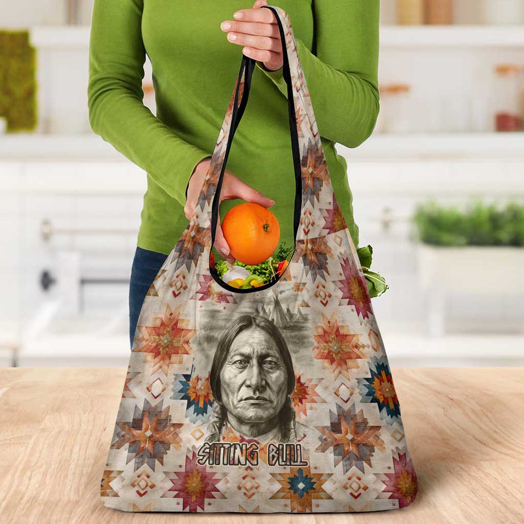 Sitting Bull Portrait Grocery Bag Native American Tipi with Feathers and Spears Indigenous Pride - Wonder Print Shop