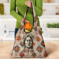 Sitting Bull Portrait Grocery Bag Native American Tipi with Feathers and Spears Indigenous Pride - Wonder Print Shop