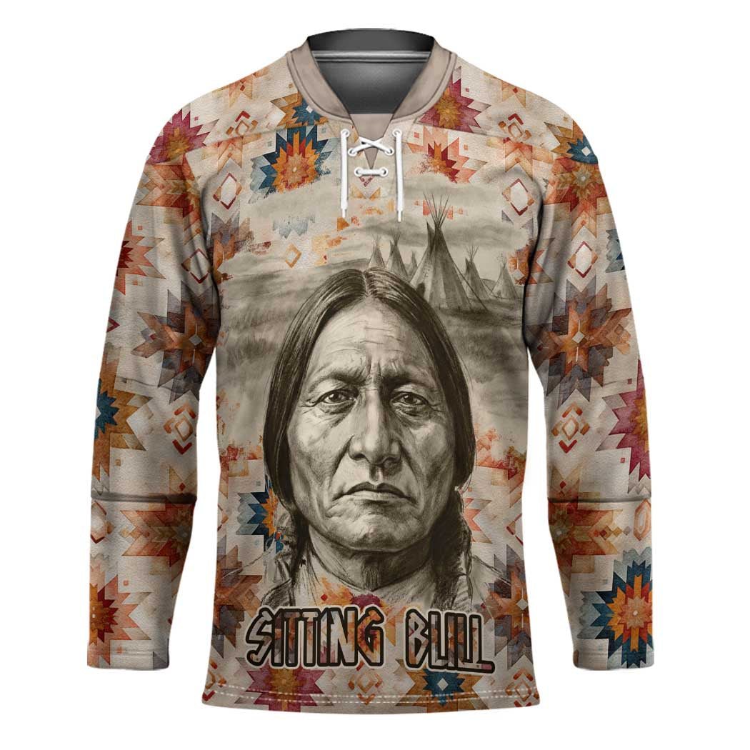 Sitting Bull Portrait Hockey Jersey Native American Tipi with Feathers and Spears Indigenous Pride - Wonder Print Shop