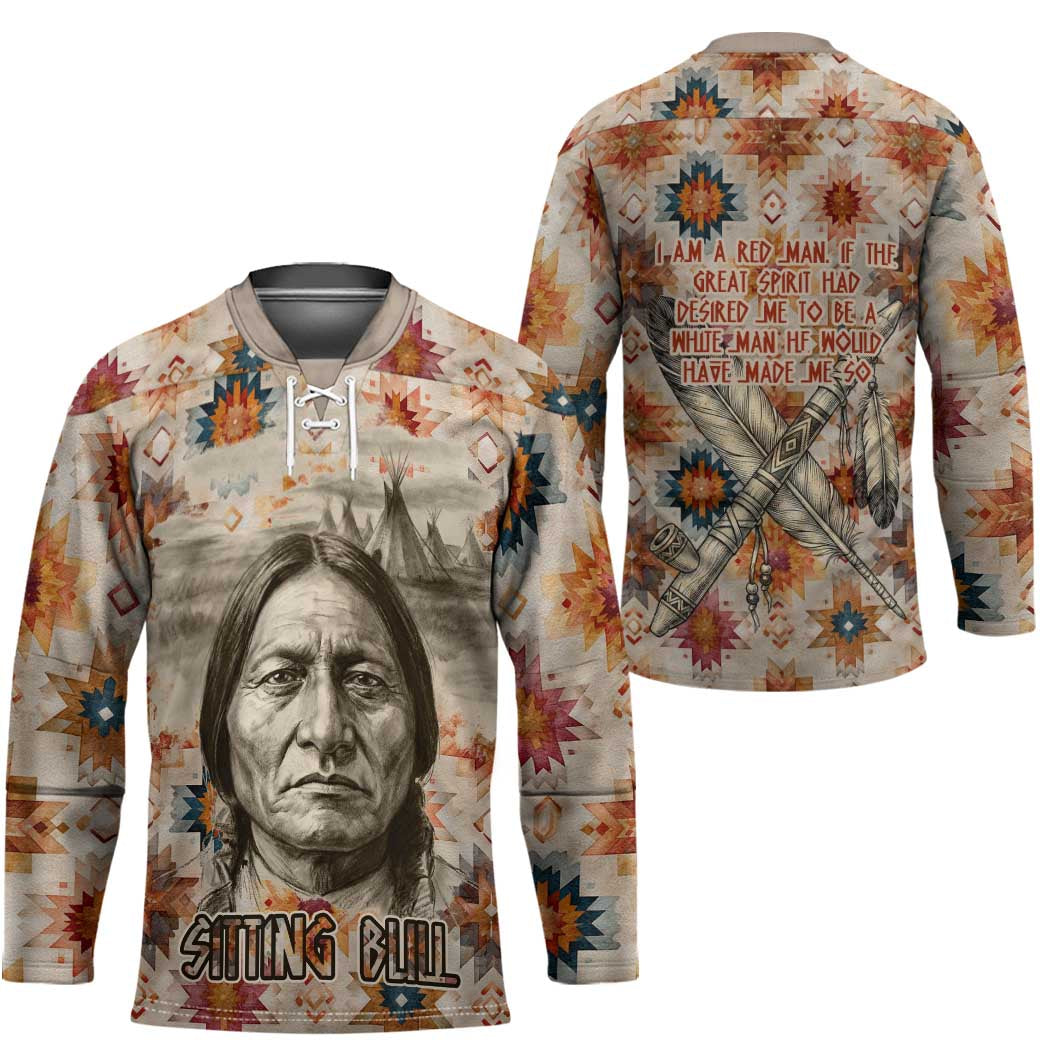 Sitting Bull Portrait Hockey Jersey Native American Tipi with Feathers and Spears Indigenous Pride - Wonder Print Shop