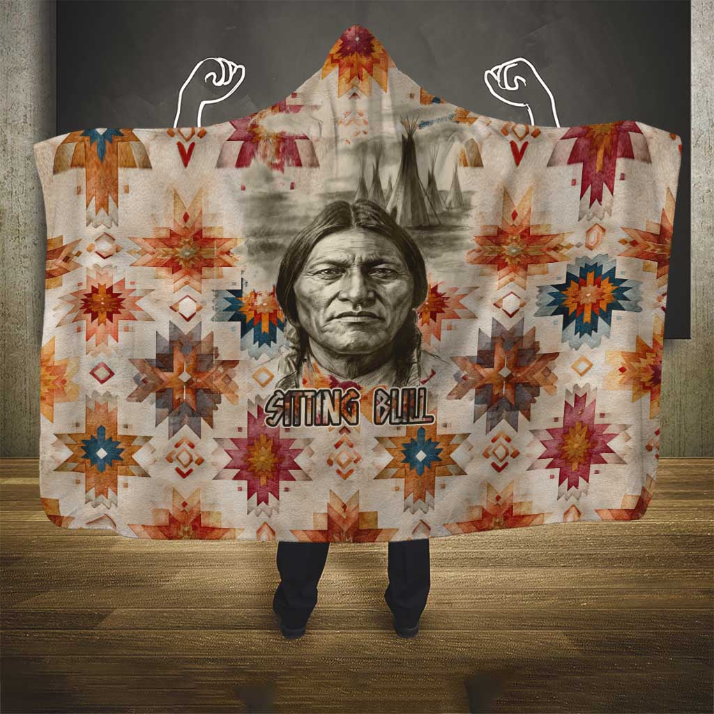 Sitting Bull Portrait Hooded Blanket Native American Tipi with Feathers and Spears Indigenous Pride - Wonder Print Shop