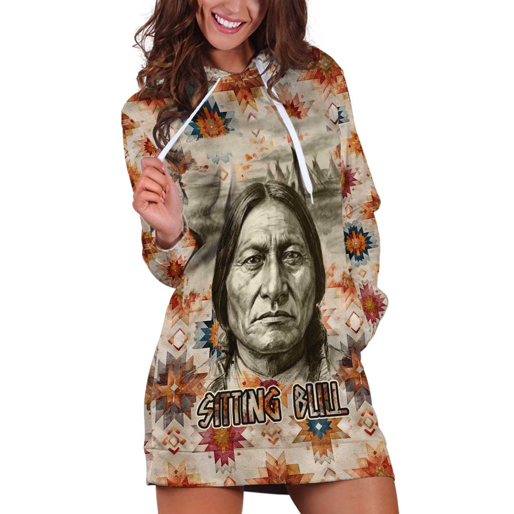 Sitting Bull Portrait Hoodie Dress Native American Tipi with Feathers and Spears Indigenous Pride - Wonder Print Shop
