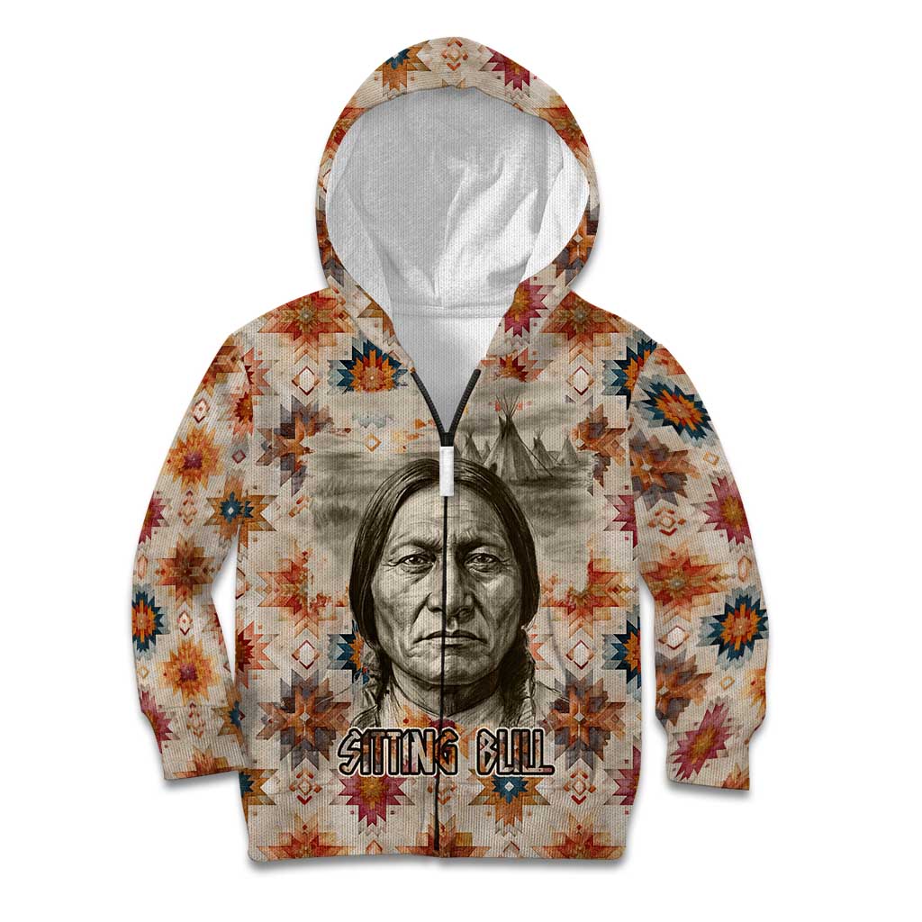 Sitting Bull Portrait Kid Hoodie Native American Tipi with Feathers and Spears Indigenous Pride - Wonder Print Shop
