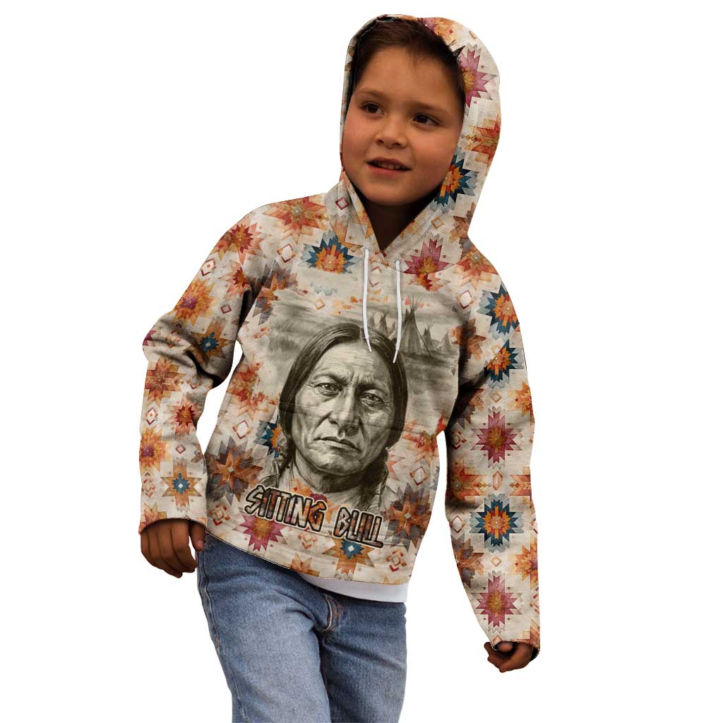 Sitting Bull Portrait Kid Hoodie Native American Tipi with Feathers and Spears Indigenous Pride - Wonder Print Shop