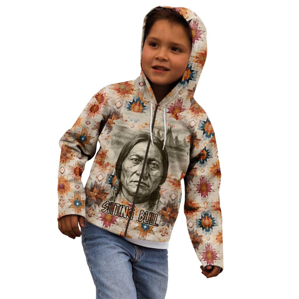 Sitting Bull Portrait Kid Hoodie Native American Tipi with Feathers and Spears Indigenous Pride - Wonder Print Shop