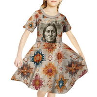 Sitting Bull Portrait Kid Short Sleeve Dress Native American Tipi with Feathers and Spears Indigenous Pride - Wonder Print Shop