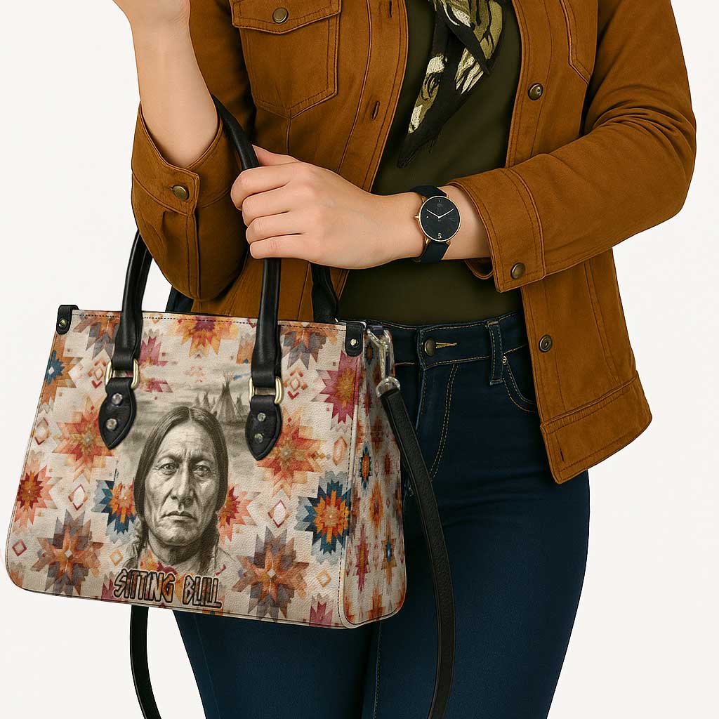 Sitting Bull Portrait Leather Bag Native American Tipi with Feathers and Spears Indigenous Pride - Wonder Print Shop