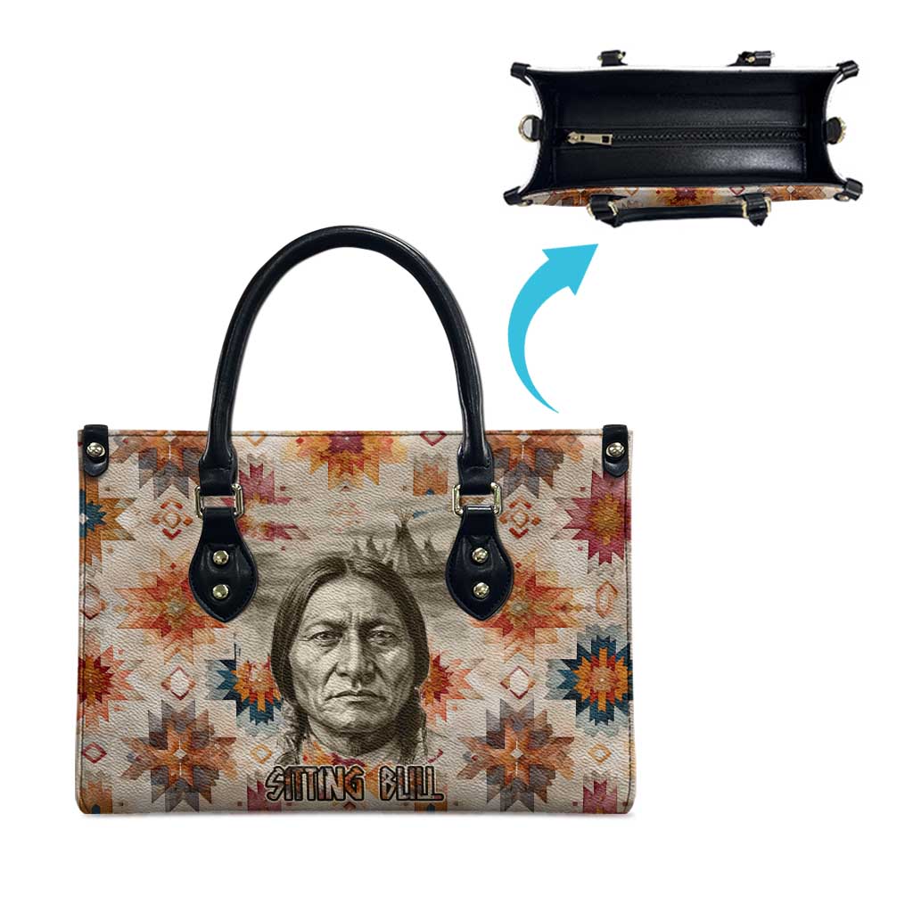 Sitting Bull Portrait Leather Bag Native American Tipi with Feathers and Spears Indigenous Pride - Wonder Print Shop