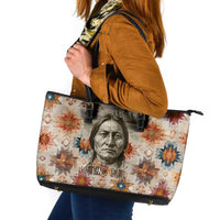 Sitting Bull Portrait Leather Tote Bag Native American Tipi with Feathers and Spears Indigenous Pride - Wonder Print Shop
