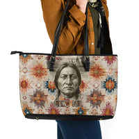 Sitting Bull Portrait Leather Tote Bag Native American Tipi with Feathers and Spears Indigenous Pride - Wonder Print Shop