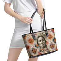 Sitting Bull Portrait Leather Tote Bag Native American Tipi with Feathers and Spears Indigenous Pride - Wonder Print Shop