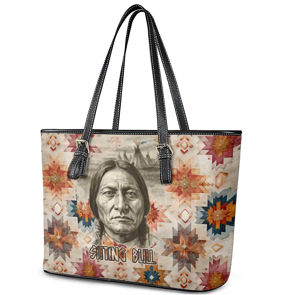 Sitting Bull Portrait Leather Tote Bag Native American Tipi with Feathers and Spears Indigenous Pride - Wonder Print Shop