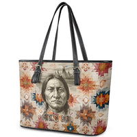 Sitting Bull Portrait Leather Tote Bag Native American Tipi with Feathers and Spears Indigenous Pride - Wonder Print Shop