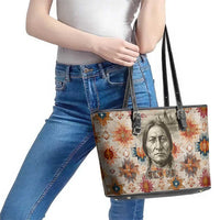 Sitting Bull Portrait Leather Tote Bag Native American Tipi with Feathers and Spears Indigenous Pride - Wonder Print Shop