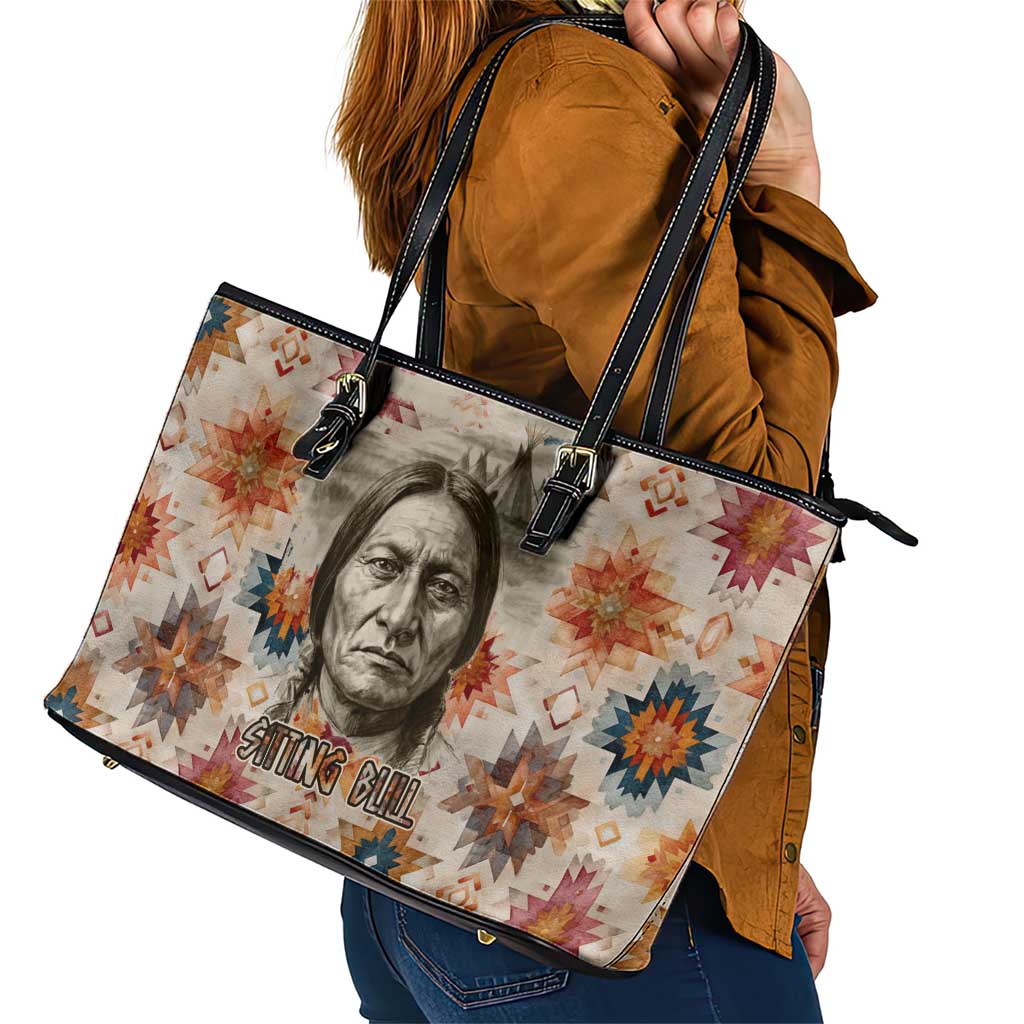 Sitting Bull Portrait Leather Tote Bag Native American Tipi with Feathers and Spears Indigenous Pride - Wonder Print Shop
