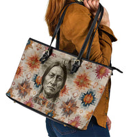 Sitting Bull Portrait Leather Tote Bag Native American Tipi with Feathers and Spears Indigenous Pride - Wonder Print Shop
