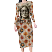 Sitting Bull Portrait Long Sleeve Bodycon Dress Native American Tipi with Feathers and Spears Indigenous Pride - Wonder Print Shop