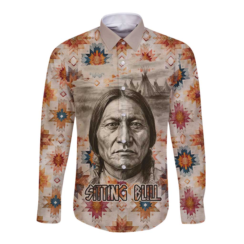 Sitting Bull Portrait Long Sleeve Button Shirt Native American Tipi with Feathers and Spears Indigenous Pride - Wonder Print Shop