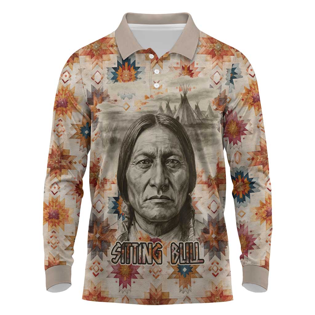 Sitting Bull Portrait Long Sleeve Polo Shirt Native American Tipi with Feathers and Spears Indigenous Pride - Wonder Print Shop