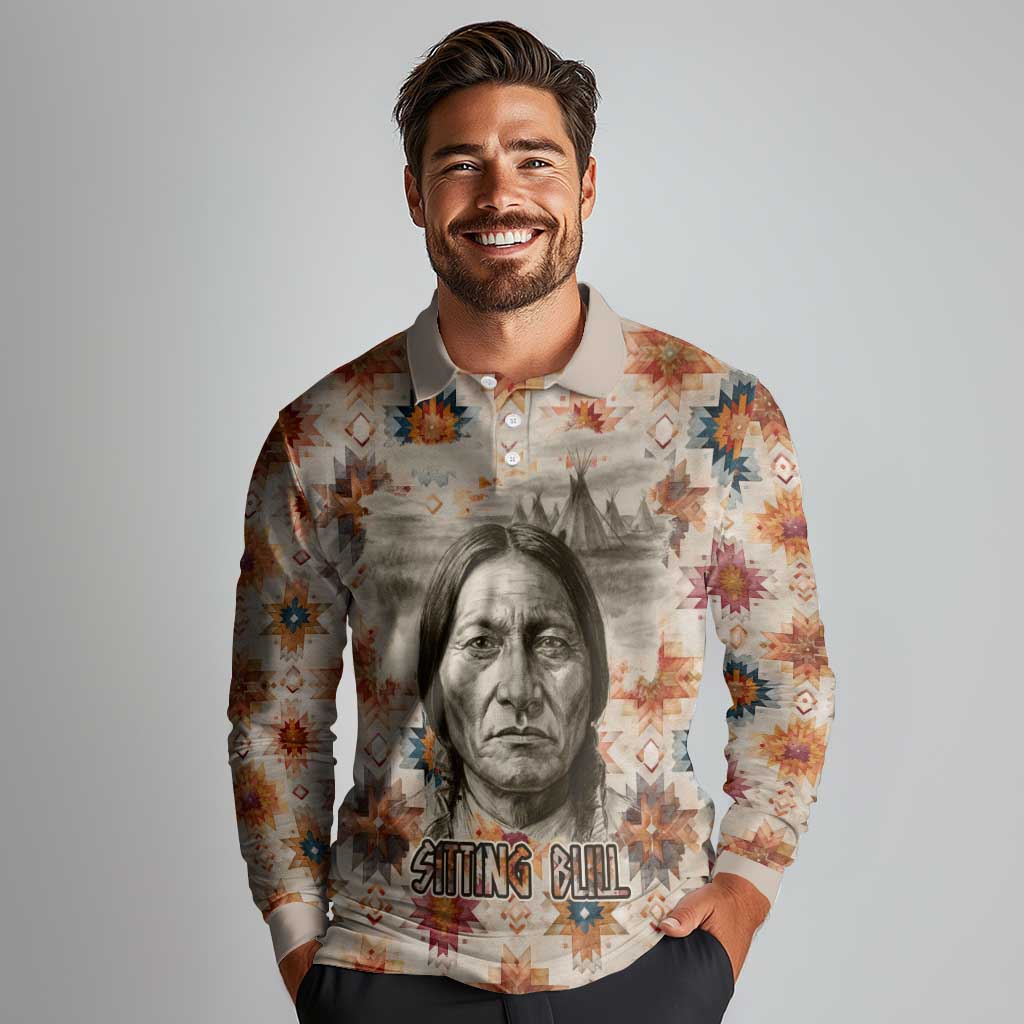 Sitting Bull Portrait Long Sleeve Polo Shirt Native American Tipi with Feathers and Spears Indigenous Pride - Wonder Print Shop