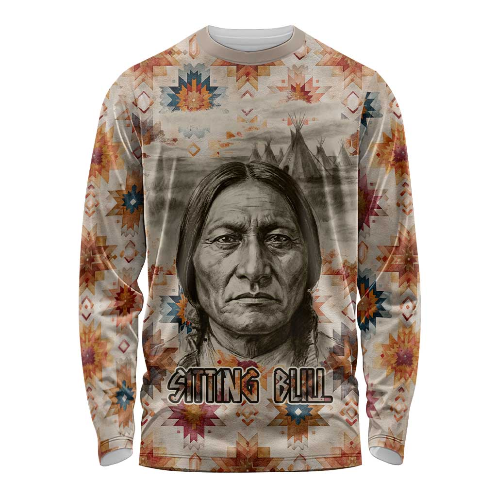 Sitting Bull Portrait Long Sleeve Shirt Native American Tipi with Feathers and Spears Indigenous Pride - Wonder Print Shop