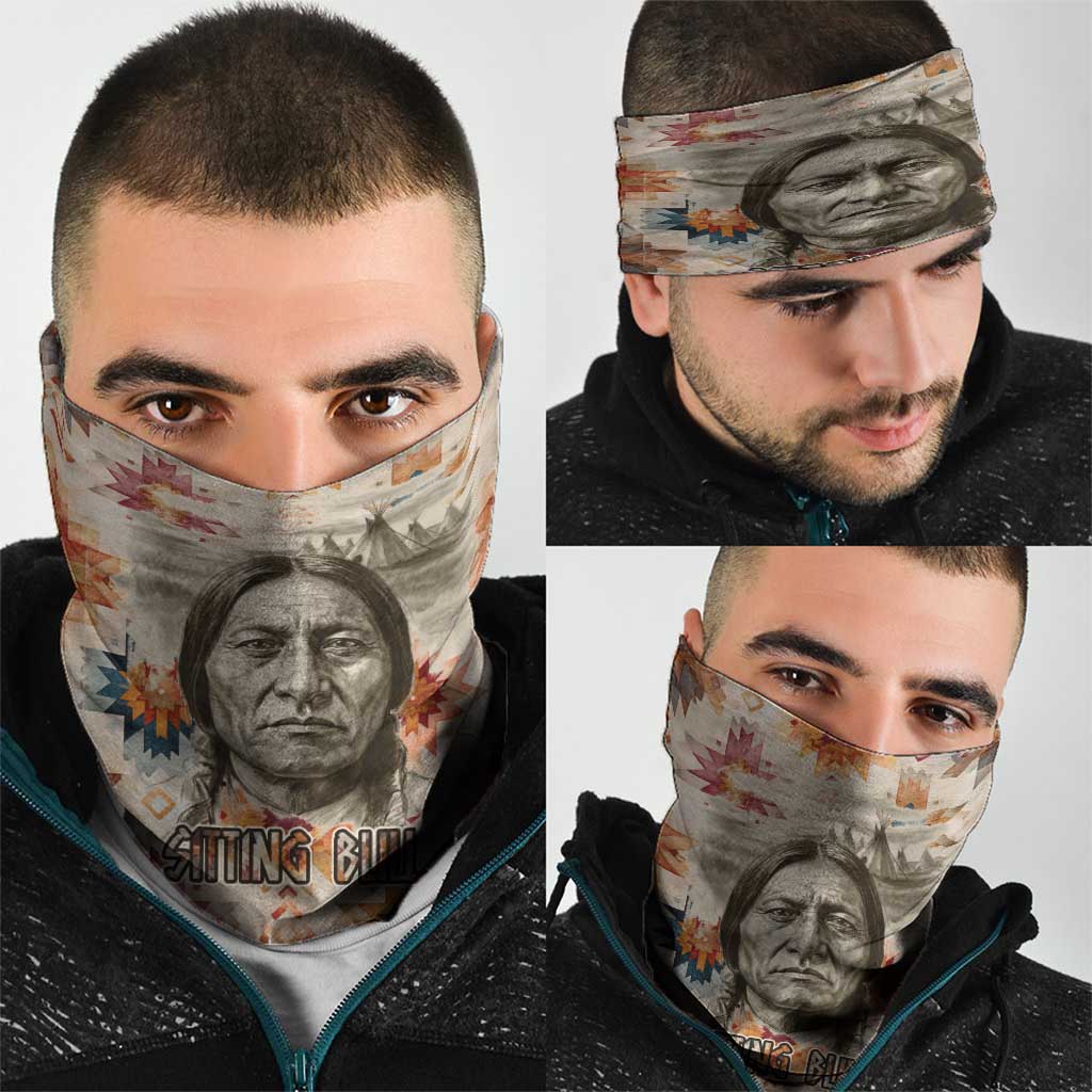 Sitting Bull Portrait Neck Gaiter Native American Tipi with Feathers and Spears Indigenous Pride - Wonder Print Shop